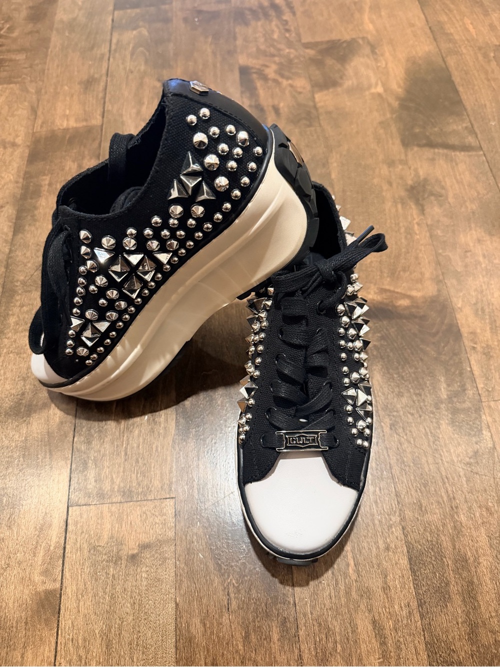 Studded Platform Lace-Up Sneakers in Black & White